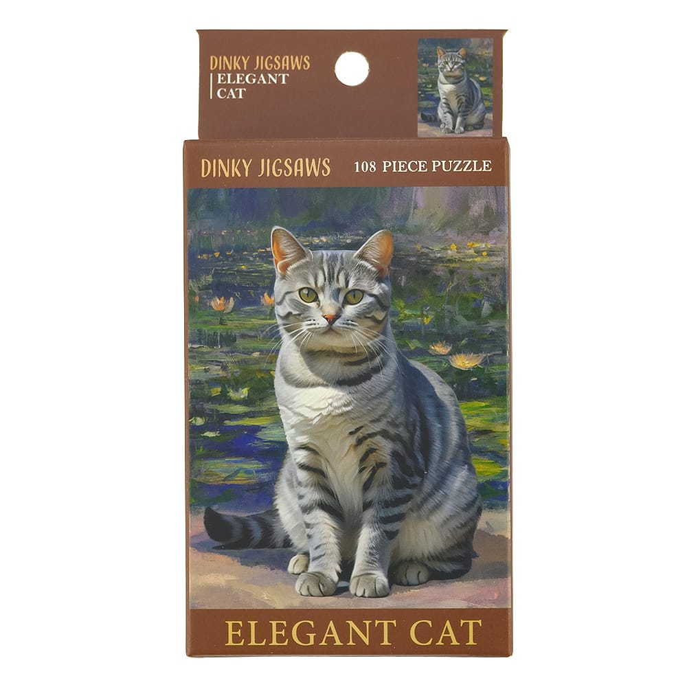 Elegant Cat Dinky 108 piece American Shorthair Tabby cat jigsaw puzzle with silver tabby artwork