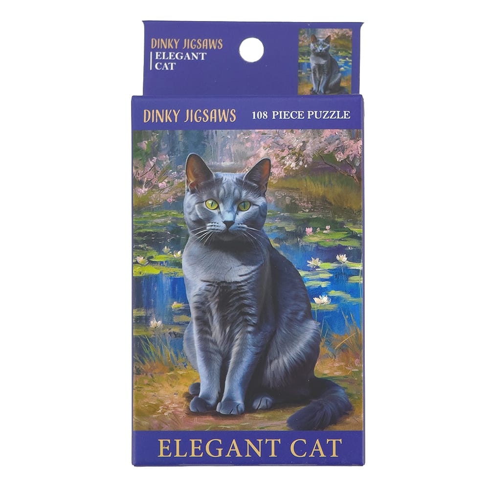 Elegant Cat Dinky 108 piece Russian Blue cat jigsaw puzzle with grey cat and lily pond artwork