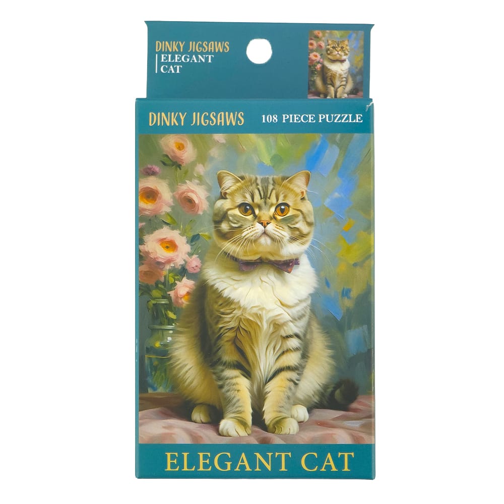 Elegant Cat Dinky 108 piece Scottish Fold cat jigsaw puzzle with golden tabby artwork