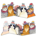 Emma Ball Cats in Hats two fold greetings card featuring five colourful cats wearing woolly hats and cosy clothing