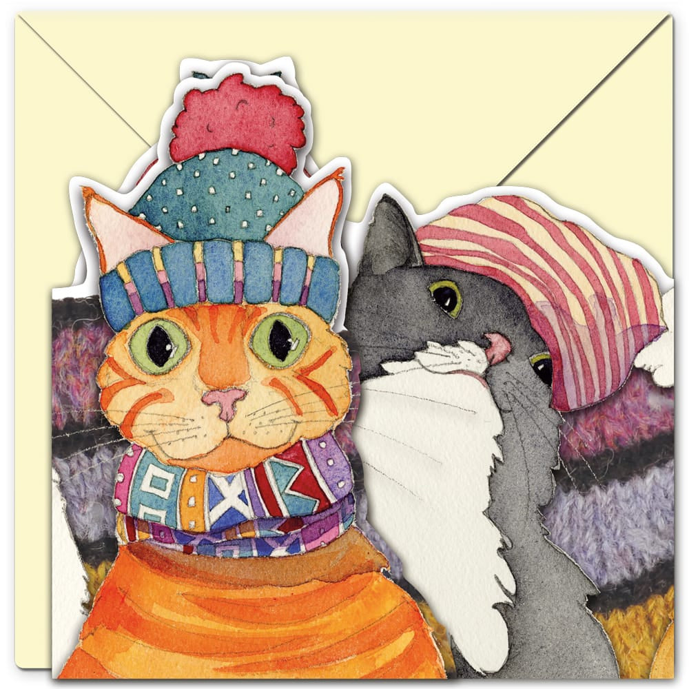 Emma Ball Cats in Hats greetings card with orange and grey cats wearing colourful hats, shown with coordinating envelope