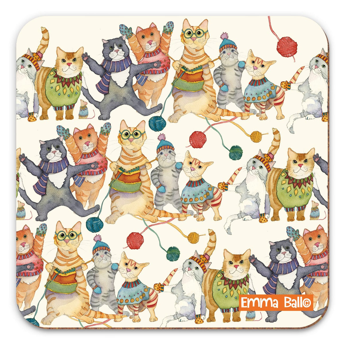 Emma Ball Kittens in Mittens cat coaster with colourful knitting cats, wool and cosy winter clothing on a cream background