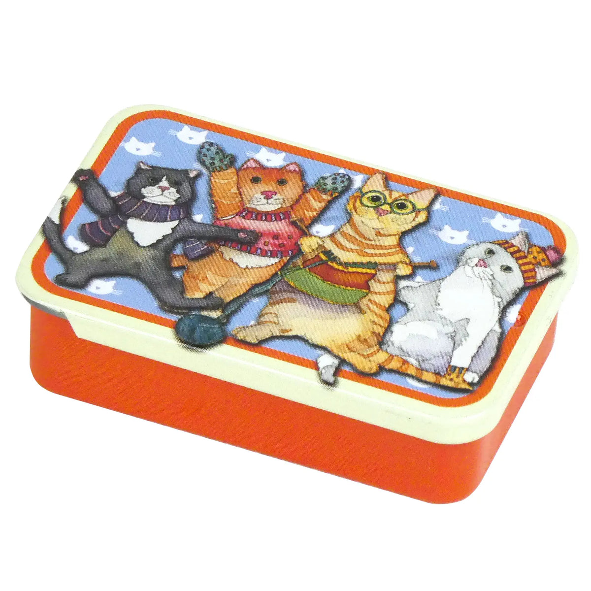 Emma Ball Kittens in Mittens pocket tin for stitch markers and knitting notions, featuring colourful cats with knitting and wool