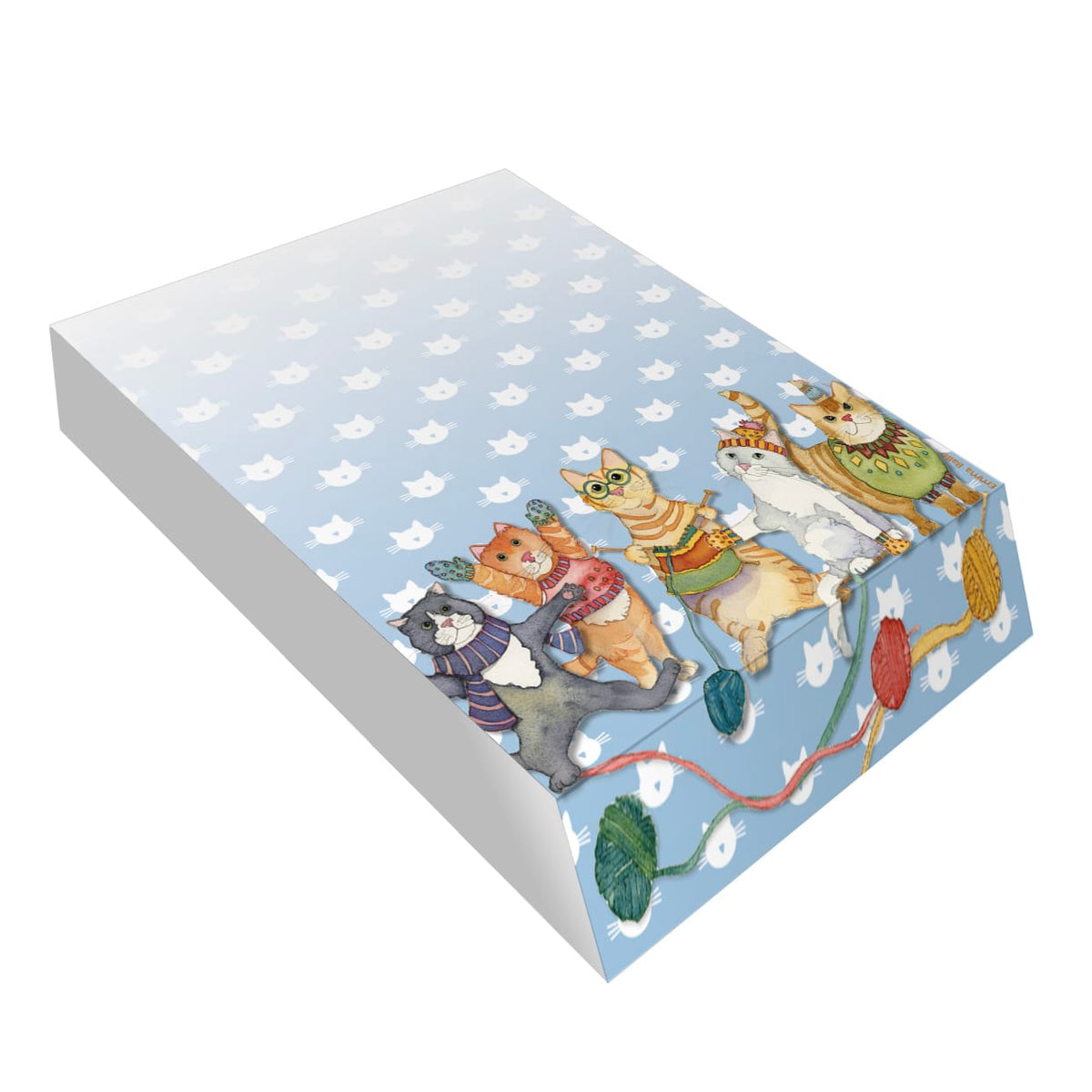 Emma Ball Kittens in Mittens slant paper notepad with blue cat print, knitting cats and colourful balls of wool