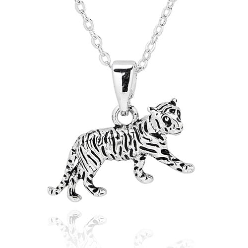 Equilibrium Wild at Heart silver plated tiger pendant necklace featuring a detailed walking tiger on a matching chain.