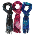 Equilibrium Quirky Cats soft feel cat scarves in black, pink and blue with colourful feline designs and fringed ends