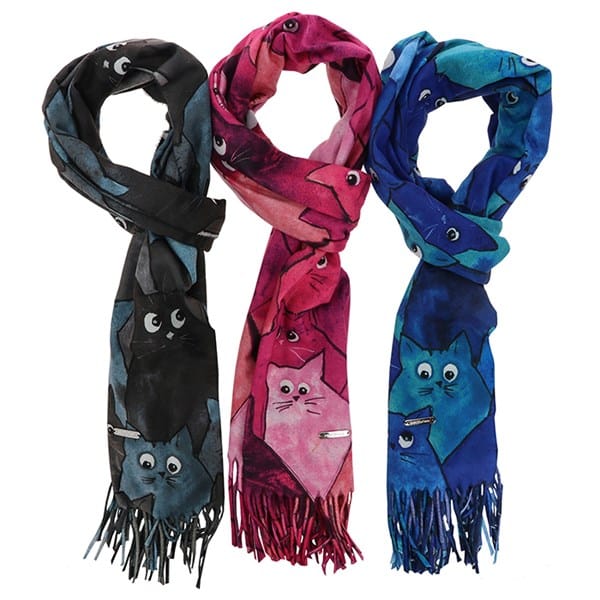 Equilibrium Quirky Cats soft feel cat scarves in black, pink and blue with colourful feline designs and fringed ends