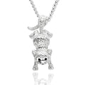 Equilibrium silver plated Comical Cat necklace with quirky upside-down hanging cat pendant, textured detail and dark eyes