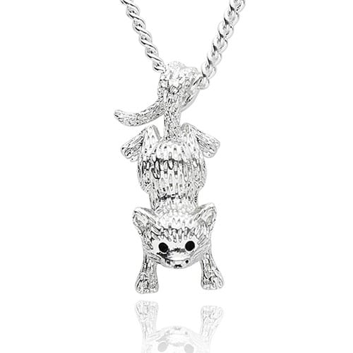 Equilibrium silver plated Comical Cat necklace with quirky upside-down hanging cat pendant, textured detail and dark eyes