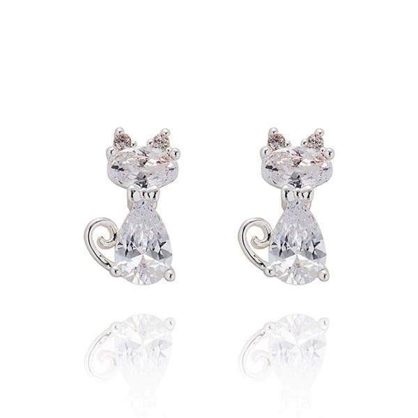 Equilibrium silver plated sparkly cat earrings with crystal diamanté sitting cats and curled tails