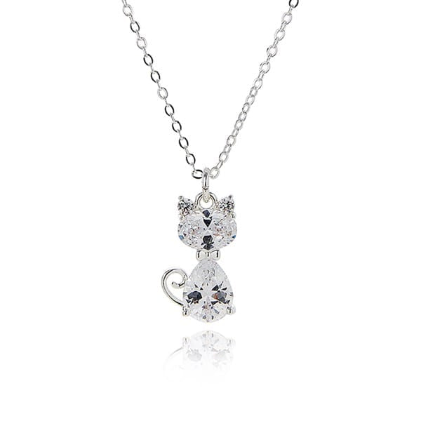 Equilibrium silver plated sparkly cat necklace with crystal diamanté sitting cat pendant and curled tail