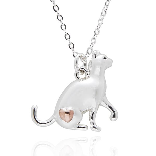 Equilibrium Two Tone Love Cat silver plated necklace with sitting cat pendant, curled tail and rose-gold toned heart