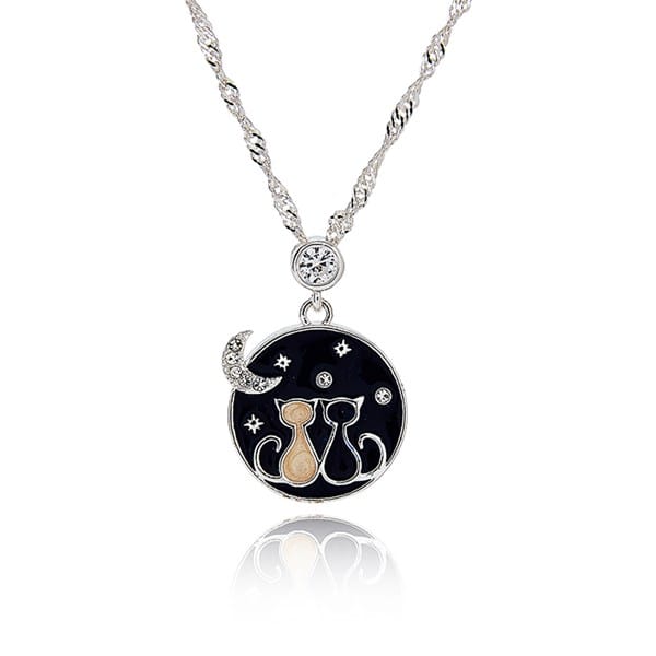 Equilibrium Stargazing Cats silver plated necklace with black moon and stars pendant featuring two cats and sparkling crystal details