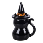 Rear view of black cat Halloween mug showing glossy finish, removable pointed witch's hat lid and curled tail-shaped handle