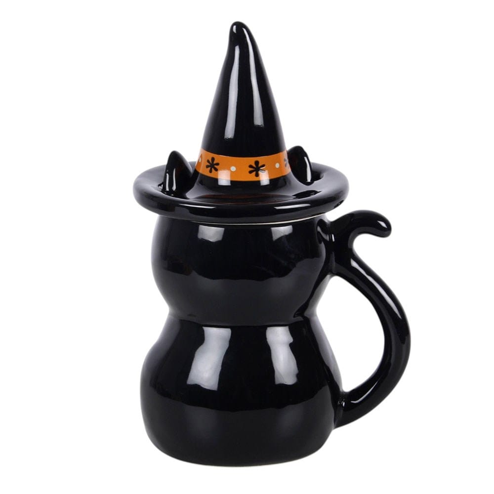 Rear view of black cat Halloween mug showing glossy finish, removable pointed witch's hat lid and curled tail-shaped handle
