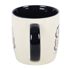 Side view of mystical black cat Halloween mug showing detailed witchy cat, moon, bat and floral artwork with black handle
