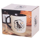 Boxed Frightful Folk mystical black cat ceramic mug showing coordinating Halloween cat gift packaging