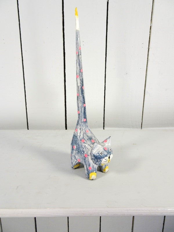 Fair Trade Tall Tail Wooden Spotty Cat - Blue