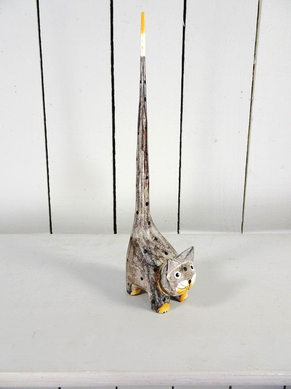 Fair Trade Tall Tail Wooden Spotty Cat - Grey