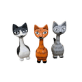 Three Fair Trade handmade medium wooden cat ornaments from Bali in black and white, ginger and grey, with expressive faces and long necks.