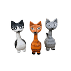 Three Fair Trade handmade medium wooden cat ornaments from Bali in black and white, ginger and grey, with expressive faces and long necks.