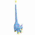 Fair Trade handmade tall tail wooden cat ornament in sky blue with pink spots, yellow paws and an extra-long upright tail, hand-carved in Bali.
