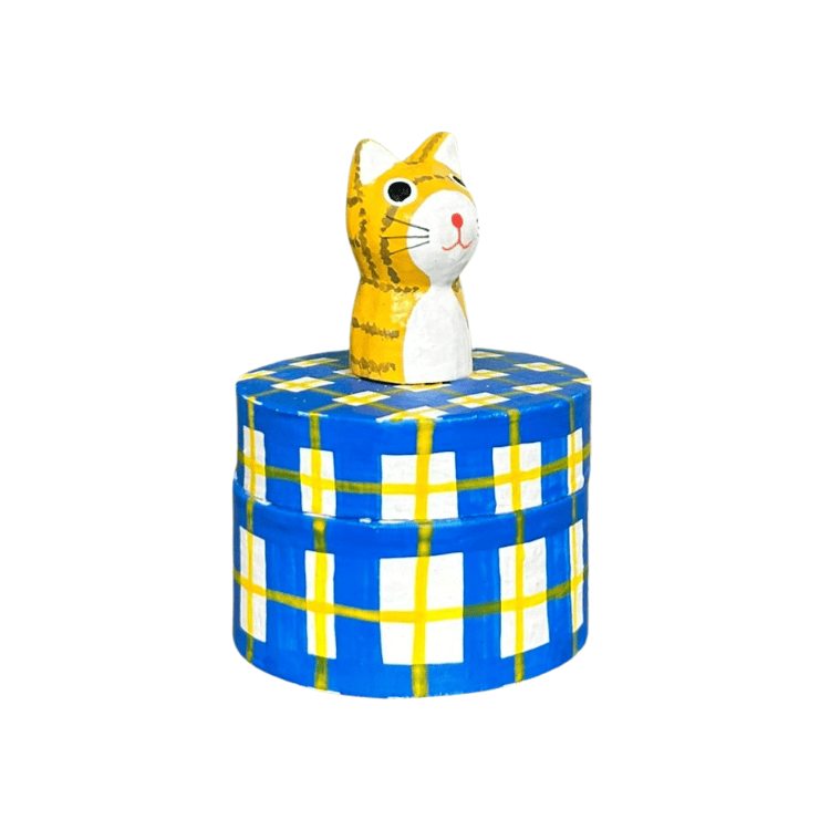Fair Trade handmade wooden cat trinket box from Bali, featuring a cute ginger tabby on a vibrant blue, yellow and white checked box.