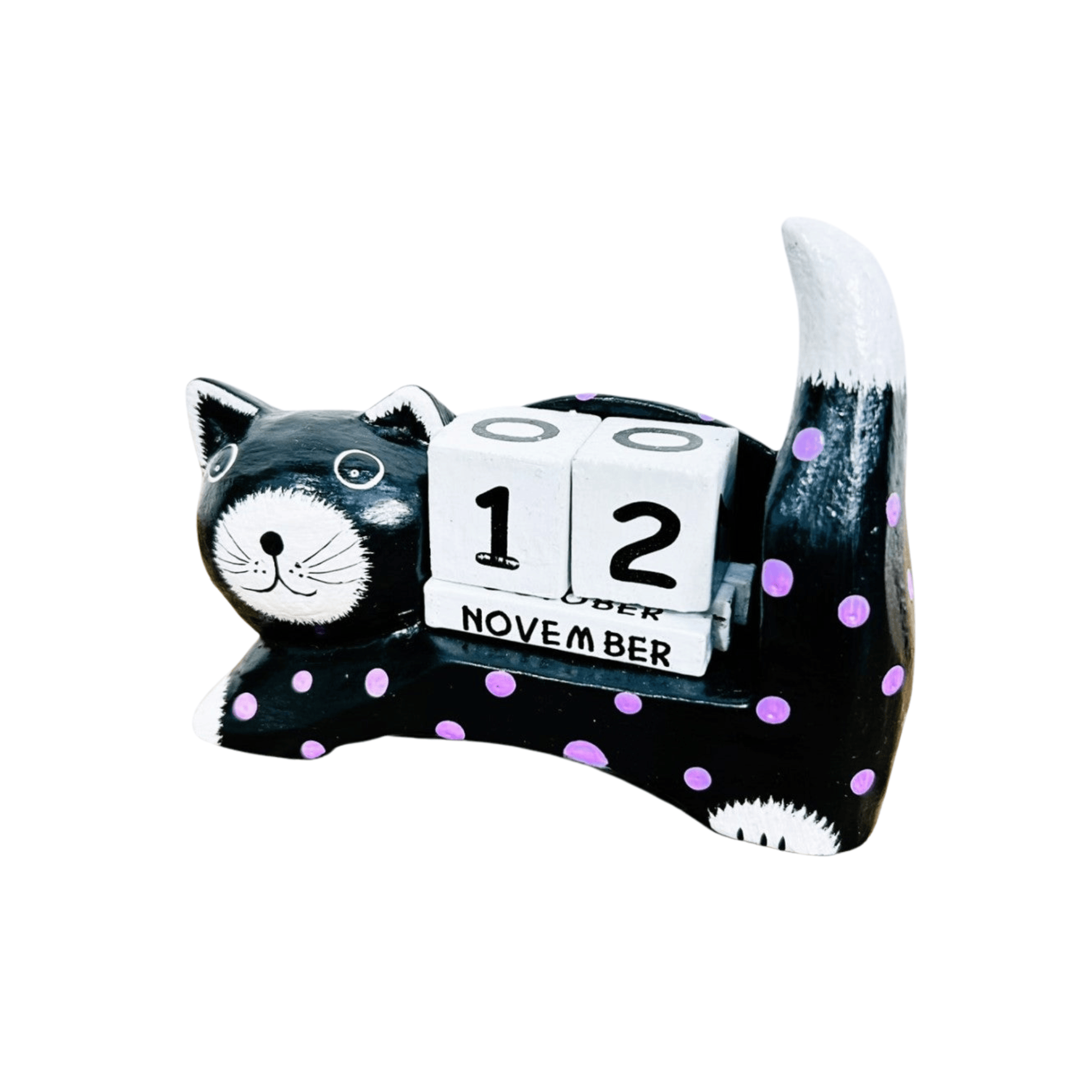 Fair Trade Handmade Black Spotty Cat Perpetual Calendar