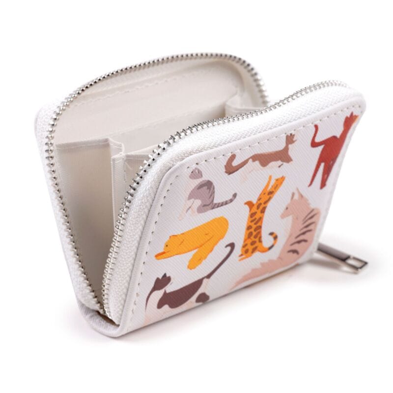 Open Feline Fine Cats illustrated cat design purse with zip-around closure and card compartments