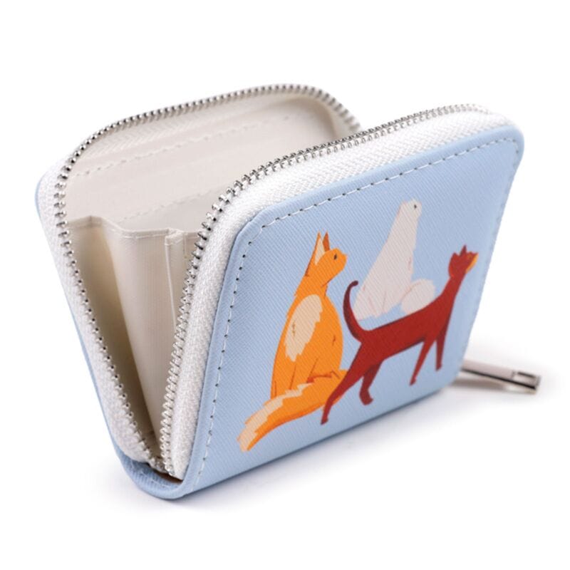 Open Feline Fine Cats blue cat design purse showing organised interior compartments