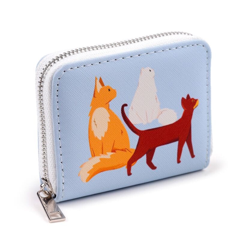 Feline Fine Cats small zip wallet featuring three illustrated cats on a blue background