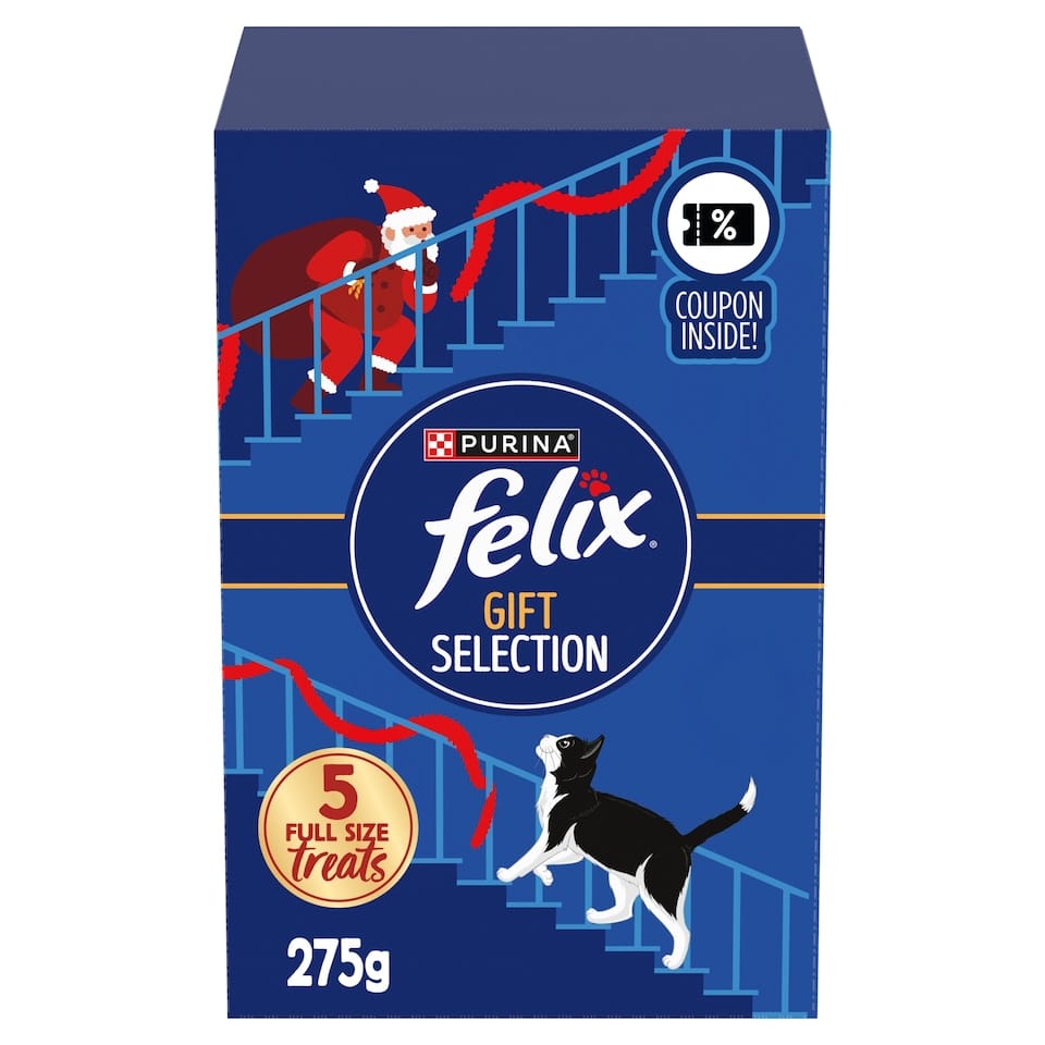 Felix Christmas Cat Treats Gift Selection Box 275g with five full-size treat bags and 50p coupon inside