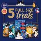 Five full-size Felix Christmas cat treats including Goody Bags, Crispies, Tasty Nuggets and festive Winter Mix