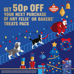 Festive Felix cat treat selection box artwork showing Santa, cats, Christmas lights, tree and 50p money-off coupon