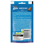 Back of Felix Winter Mix Christmas cat treats 60g pack showing ingredients, nutritional information and feeding guide
