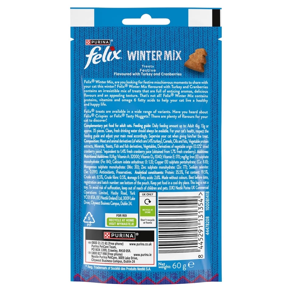 Back of Felix Winter Mix Christmas cat treats 60g pack showing ingredients, nutritional information and feeding guide