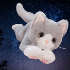 A plush gray and white cat toy floating against a starry night sky background. The toy has large round eyes, pink inner ears, a small pink nose, and pink paw pads.