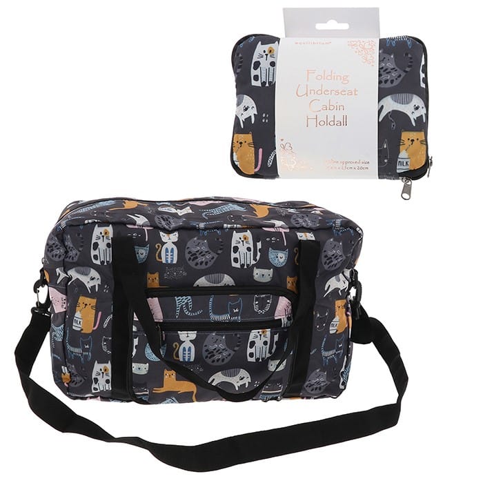 Equilibrium folding cat cabin holdall travel bag with colourful cat print, carry handles, detachable shoulder strap and compact foldaway storage pouch