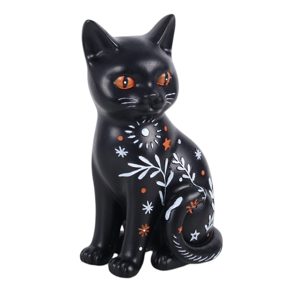 Frightful Folk black cat resin ornament with orange eyes, white botanical branches, stars and spooky folk-inspired painted details
