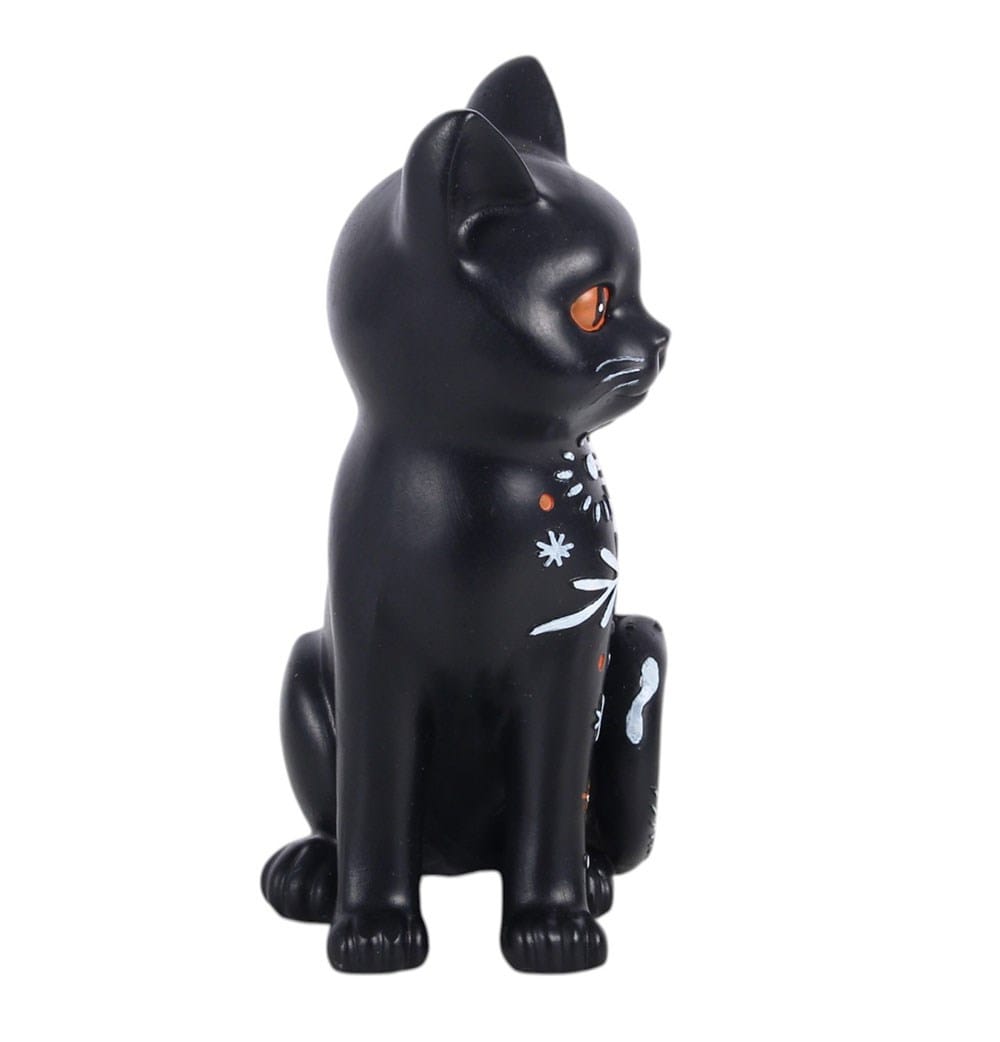 Side view of Frightful Folk black cat Halloween ornament showing bright orange eye, curled decorated tail and mystical folk detailing
