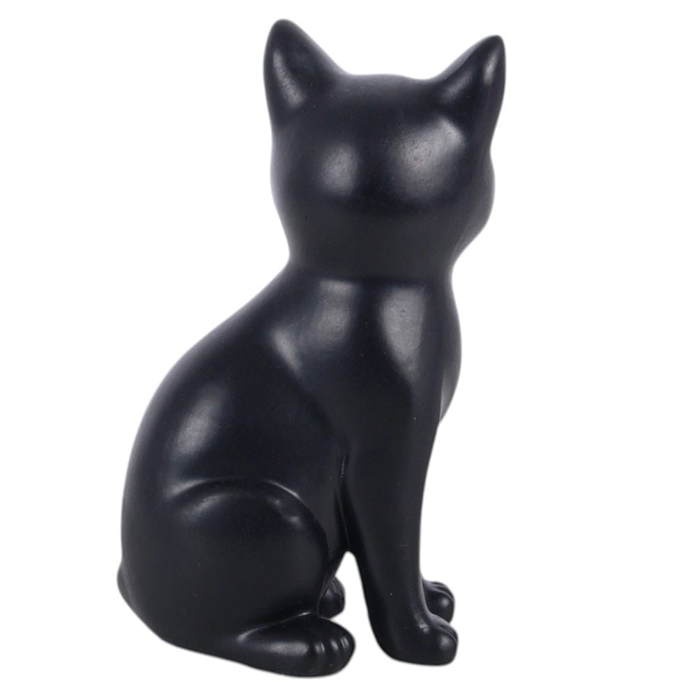 Rear view of the 15cm Frightful Folk black cat resin ornament showing the smooth matt black finish and sitting cat shape
