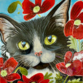 Handcrafted Peering Through Poppies Cat Tile 8x8"