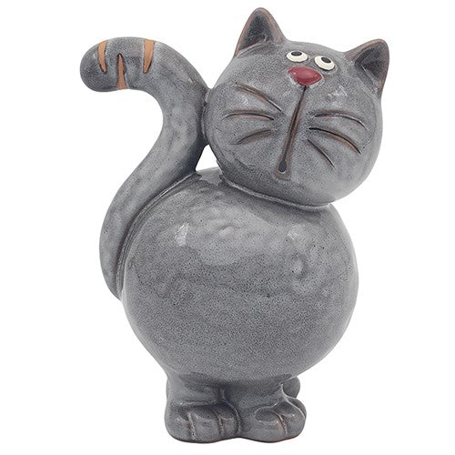 Grey cat-shaped ceramic figurine on a white background