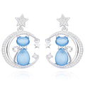 Furry Companions silver plated Cat on Moon earrings with blue cats, sparkling crescent moons, crystal details and star studs