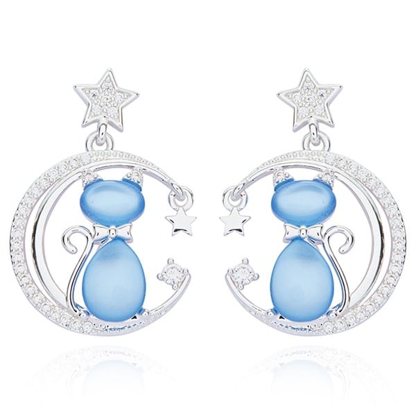 Furry Companions silver plated Cat on Moon earrings with blue cats, sparkling crescent moons, crystal details and star studs