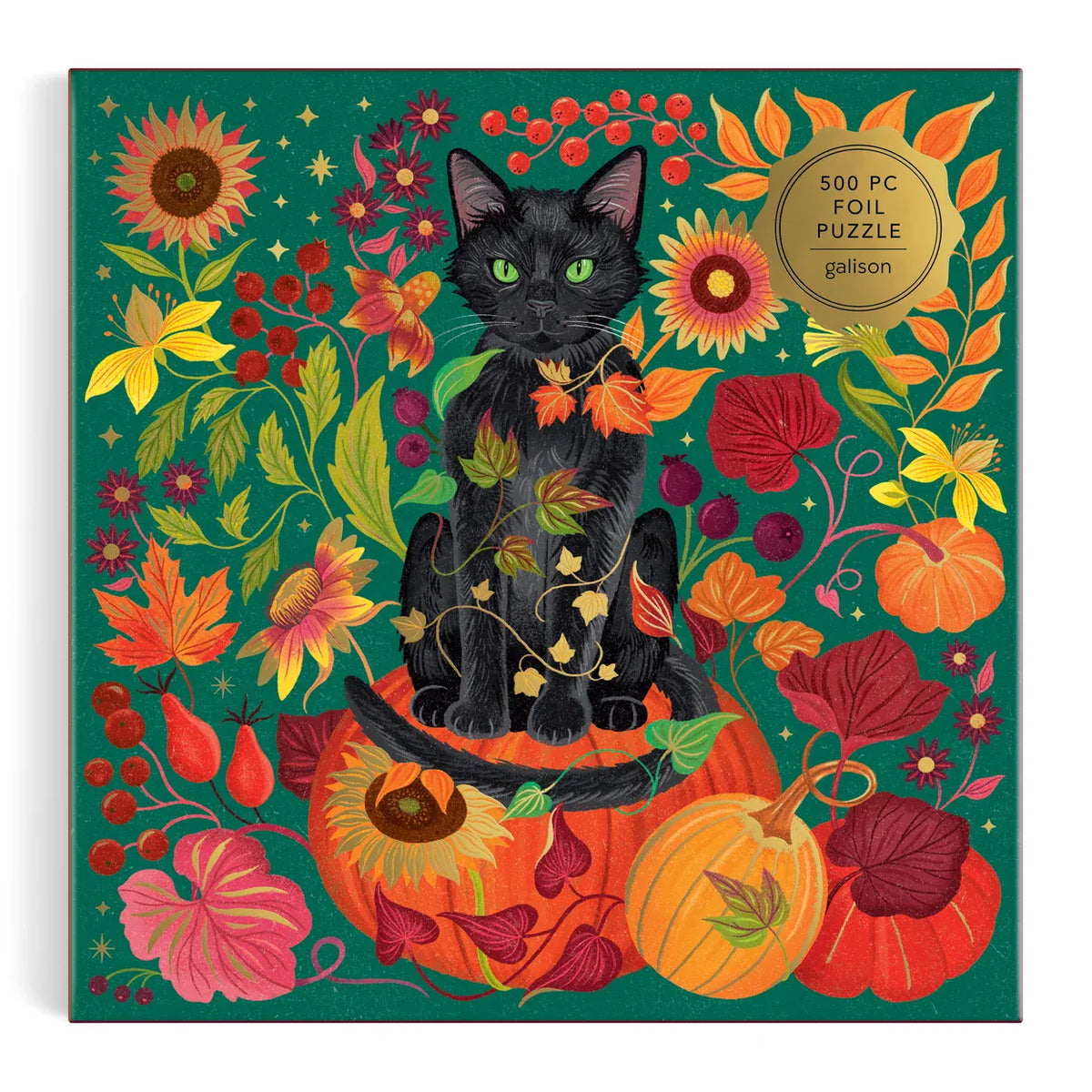 Front artwork of Galison Whiskers of Autumn foil cat puzzle with a striking black cat, emerald-green background, colourful botanical flowers and gold foil accents.