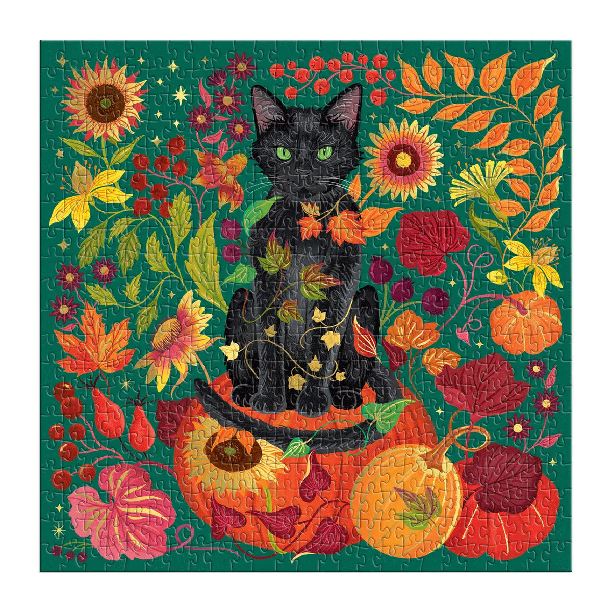 Completed Galison Whiskers of Autumn 500 piece foil jigsaw puzzle showing a green-eyed black cat sitting among orange pumpkins, sunflowers and autumn foliage.
