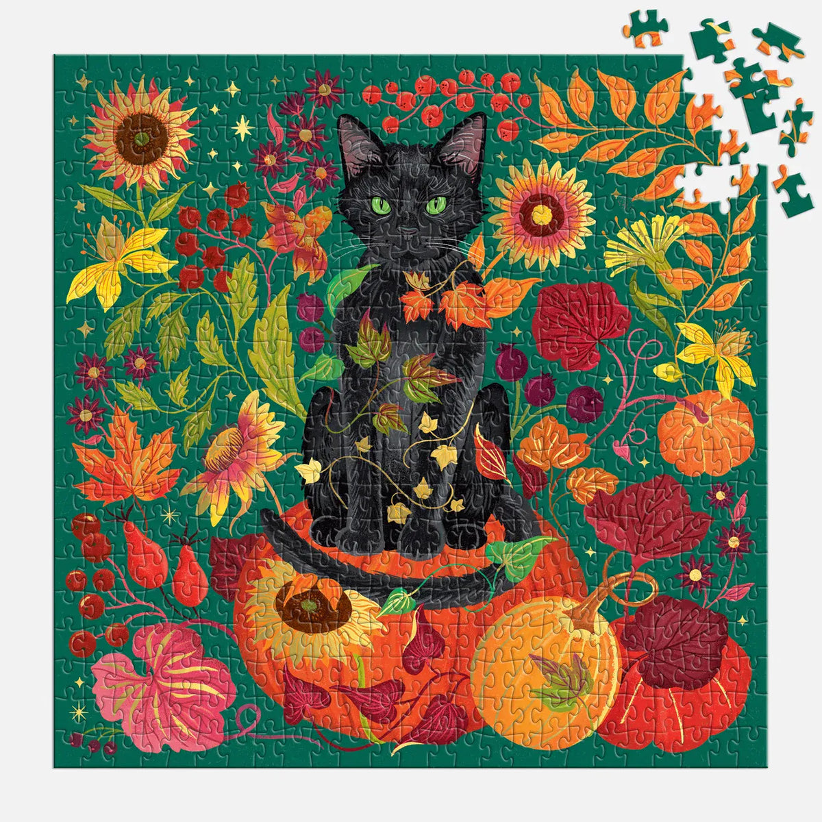 Galison Whiskers of Autumn 500 piece black cat jigsaw puzzle nearly completed with loose pieces showing a richly coloured autumn floral design.
