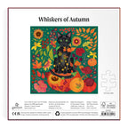Back of Galison Whiskers of Autumn 500 piece foil puzzle box showing Dawn Cooper's black cat botanical artwork, puzzle dimensions and recycled material details.