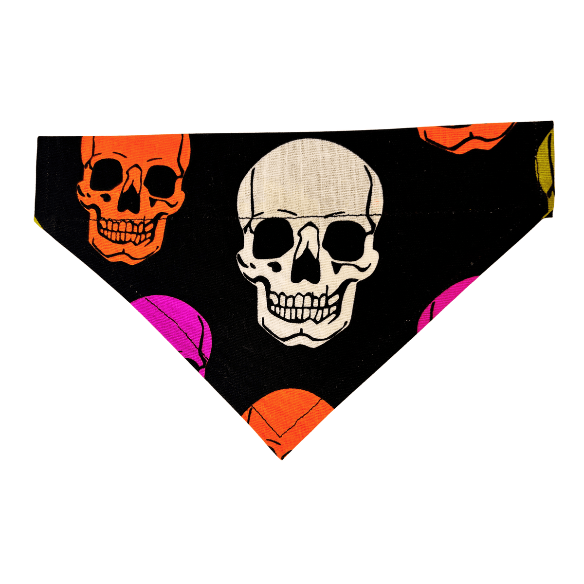 Handmade black Halloween over-the-collar cat and dog bandana featuring large colourful white, orange, pink and purple skulls